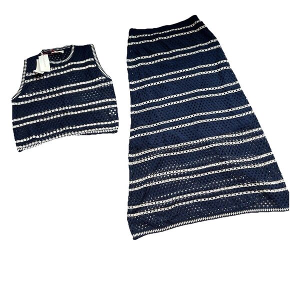 Solitaire Two Pc Open Knit Navy white stripe Crochet Skirt tank set boho NWT Med - Picture 6 of 8